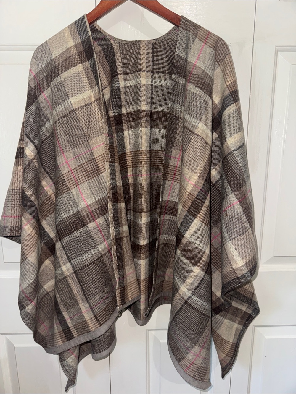 Basler Plaid Open-Front Cape in Brown, Cream & Pink Accents